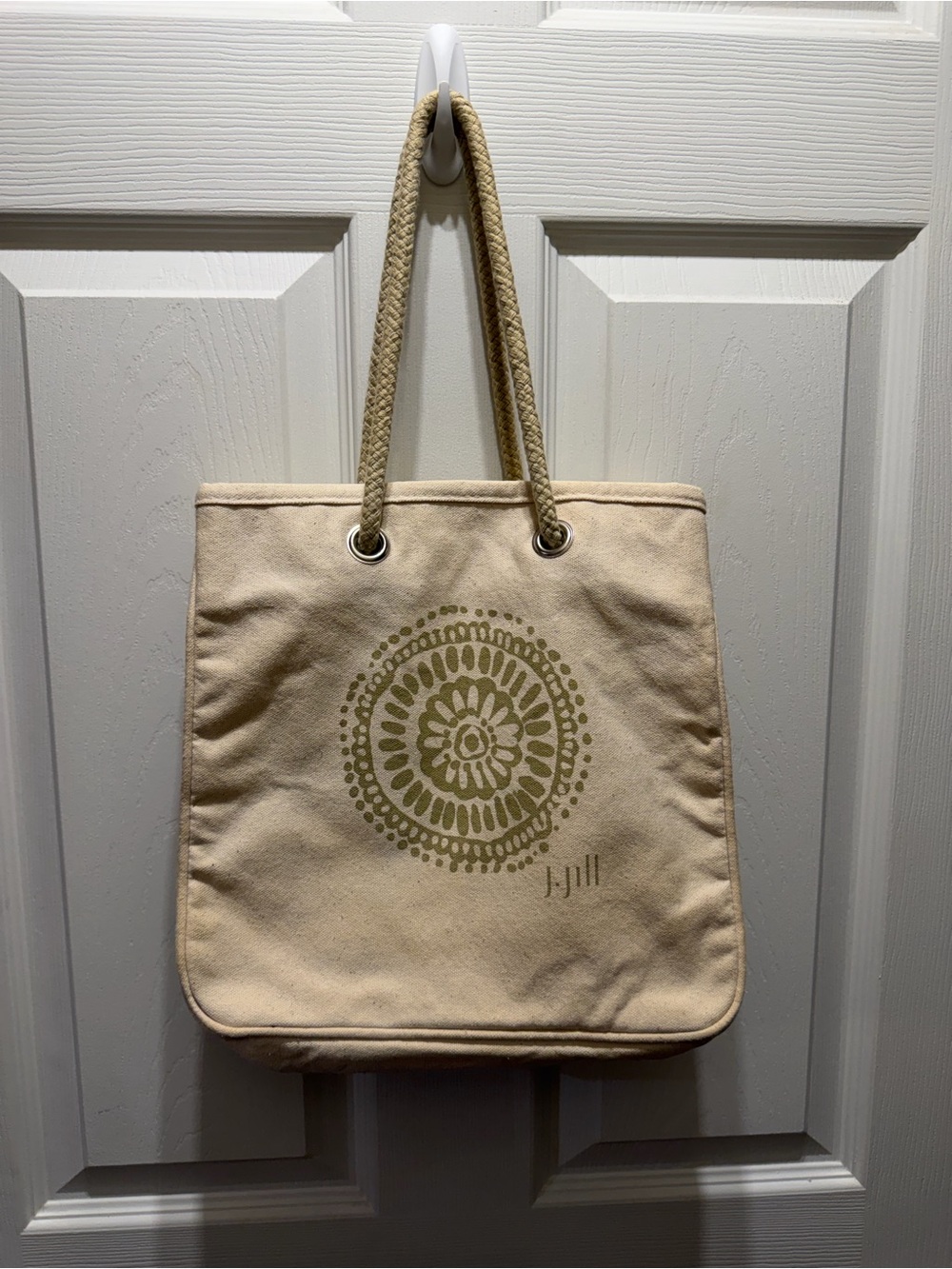 J.Jill Cream Canvas Tote Bag Olive Mandala Rope Handle